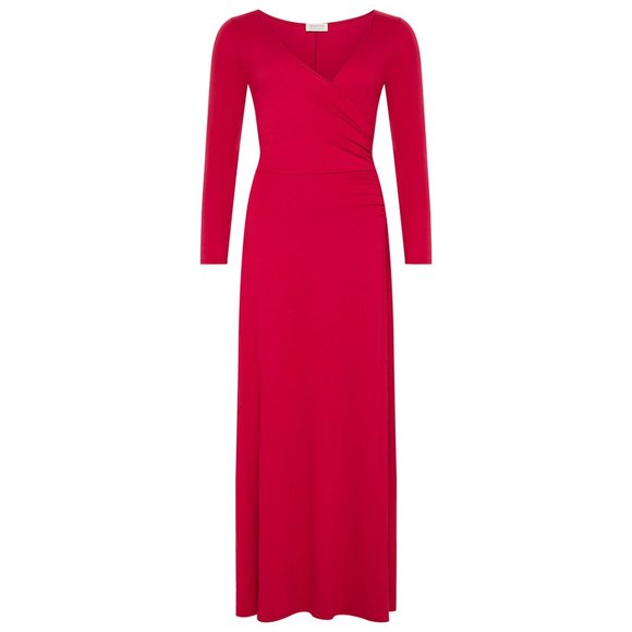 Long Sleeve Maxi Wrap Dress with High Slit | Red | Plunge Neck Dress - Picture 5 of 5